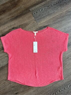 Eileen Fisher Coral Open-Knit Short Sleeve Top 100% Linen Size XS